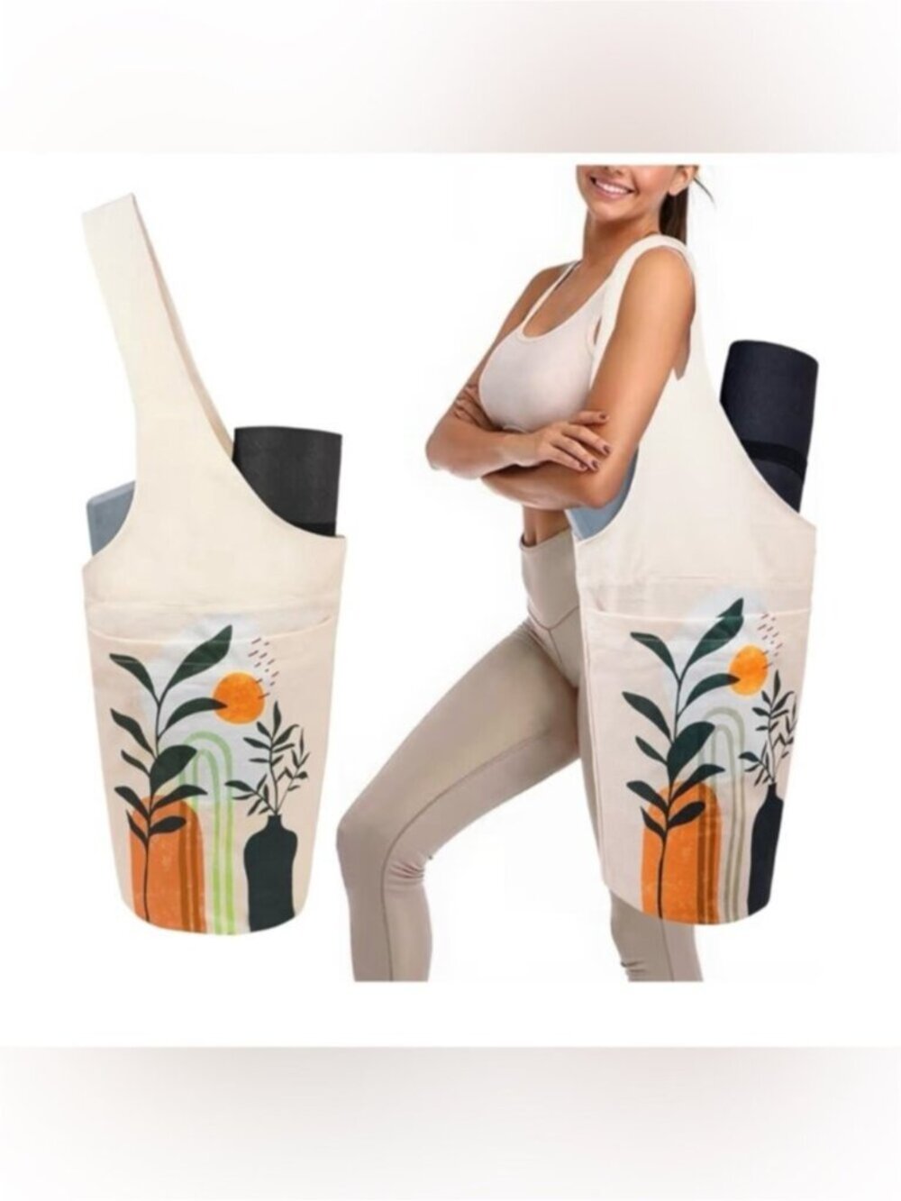 Yoga Mat Carrier Bag Boho Plants Tote Shoulder Gym Pilates Pocket Bag
